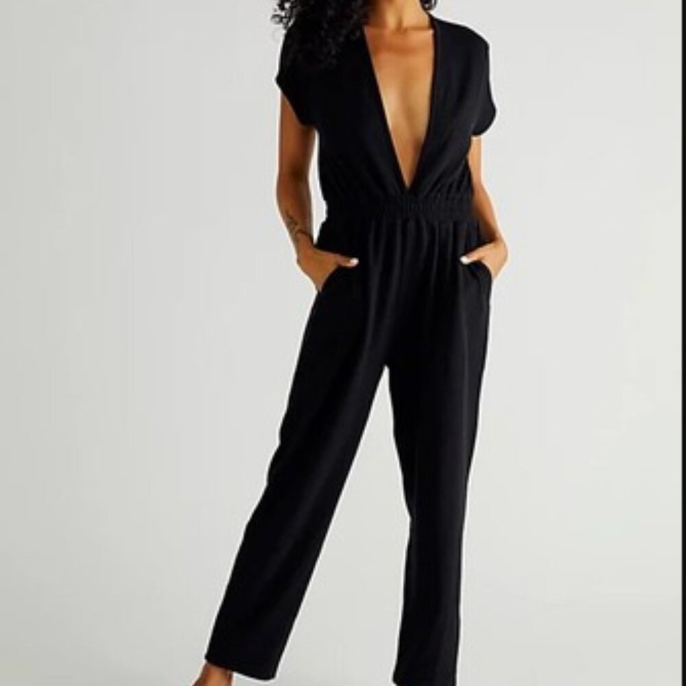 Free People FP Beach Black Vneck Short Sleeve Jumpsuit Thin Knit Size S/P
